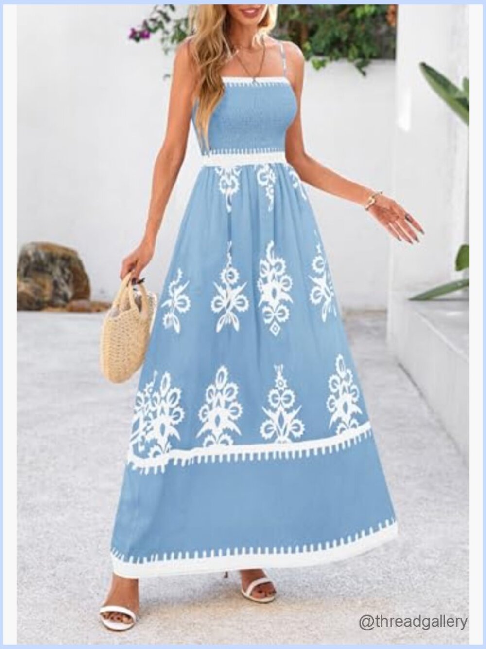 Women's Floral Maxi Dress Spaghetti Strap Smocked A-Line Sundress - Picture 6 of 7